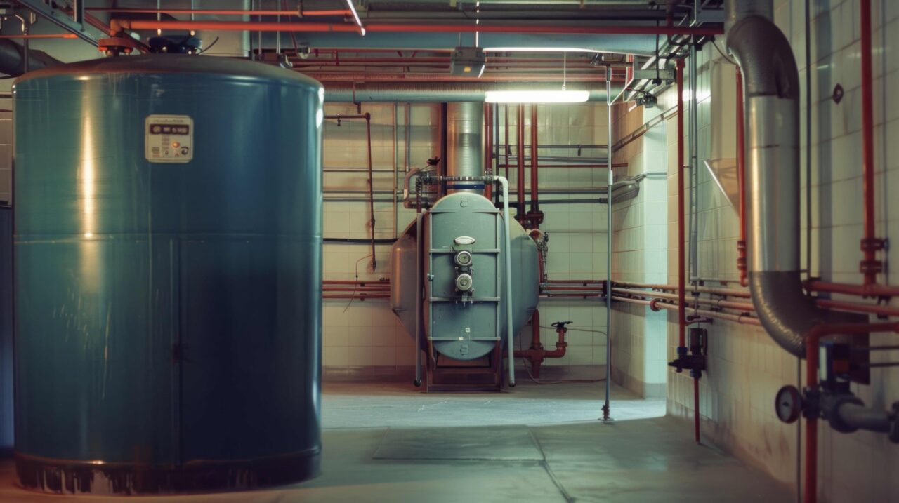 Commercial water heaters in a building's basement.