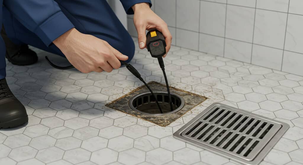A plumber performing a commercial sewer cleaning