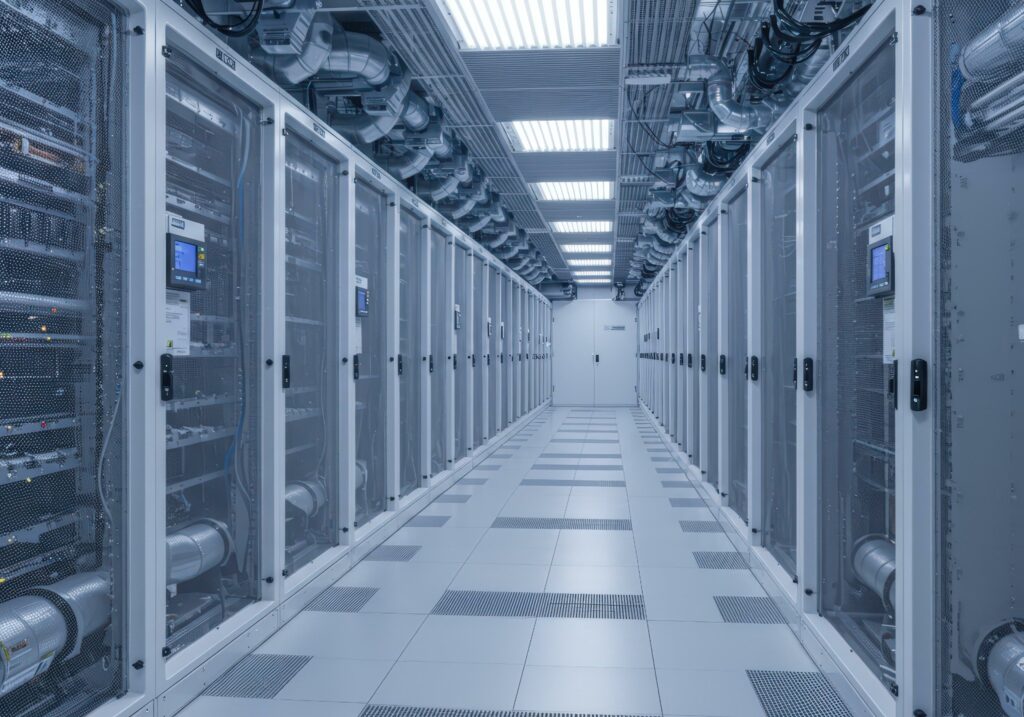 Aisle of server racks in a precision-cooled data center, the environment CRAC units safeguard.