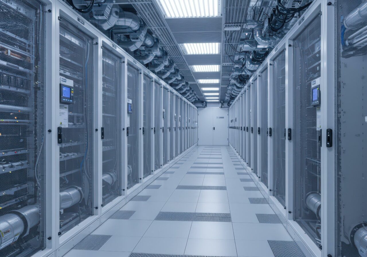 Aisle of server racks in a precision-cooled data center, the environment CRAC units safeguard.