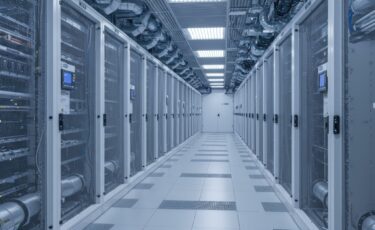 Aisle of server racks in a precision-cooled data center, the environment CRAC units safeguard.