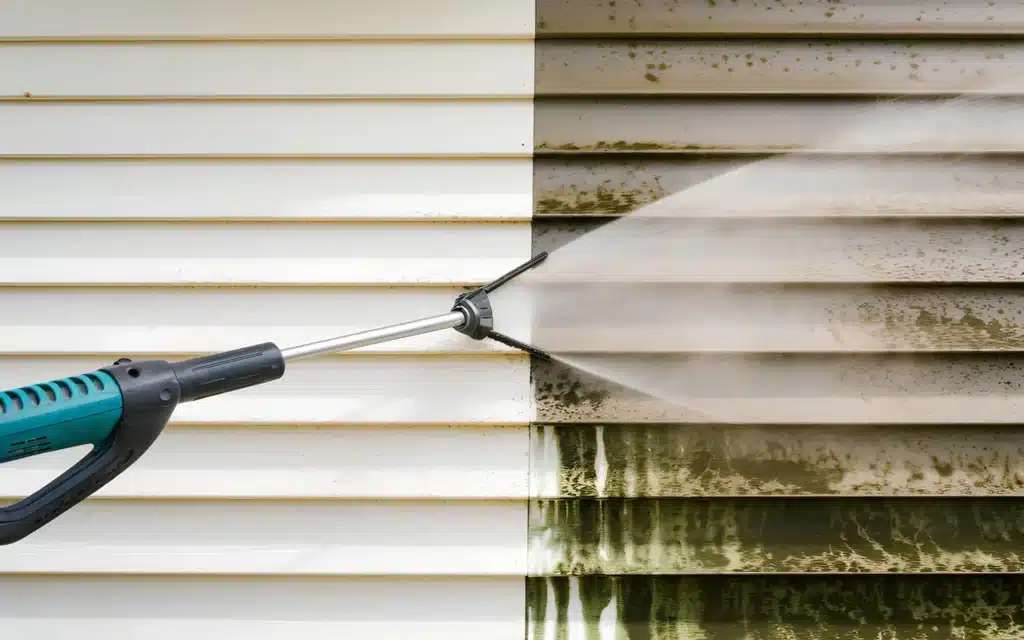 A Lee Company technician pressure washing a home.