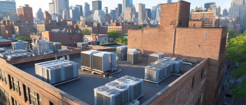 Several commercial HVAC systems on top of a facility building