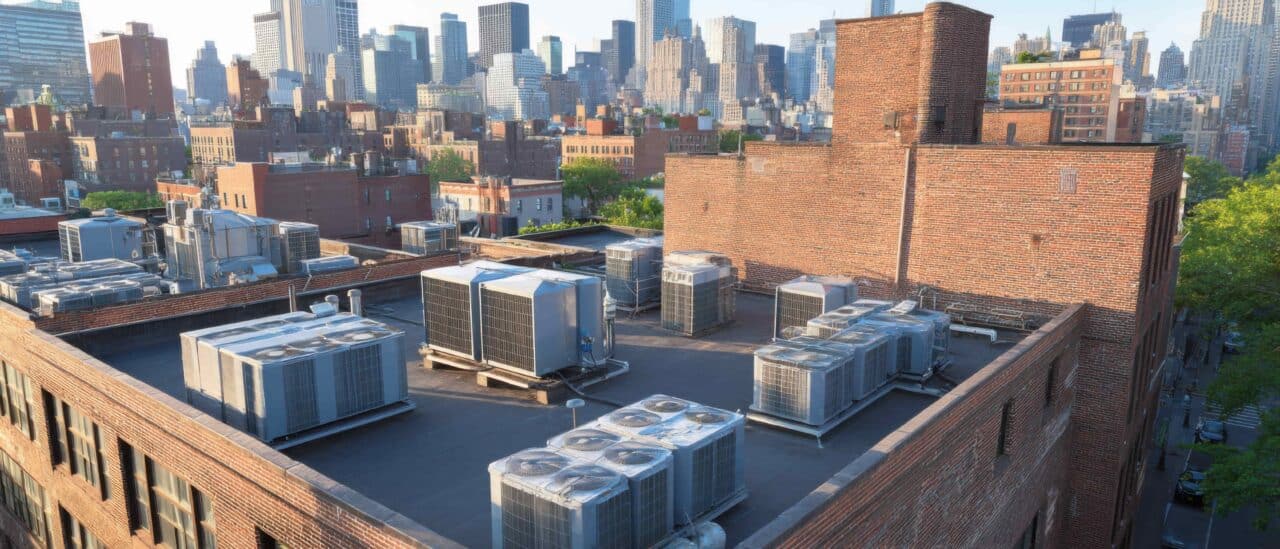 Several commercial HVAC systems on top of a facility building