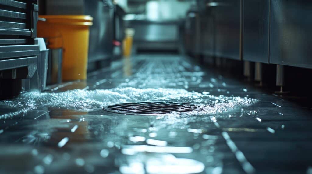 A floor drain in a commercial kitchen that is backing up and clogged
