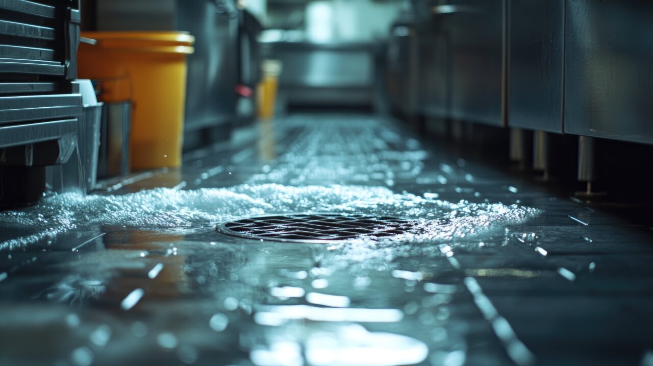 A floor drain in a commercial kitchen that is backing up and clogged