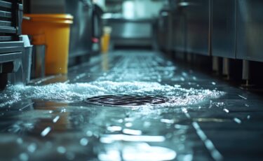 A floor drain in a commercial kitchen that is backing up and clogged