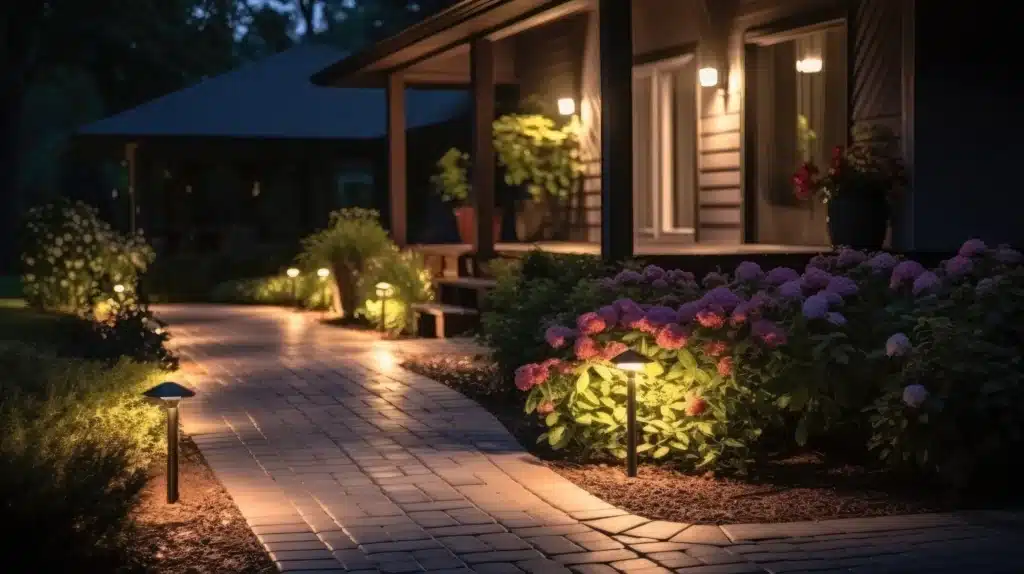 Landscape lighting ideas: a walkway to a home illuminated with solar lights