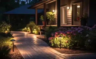 Landscape lighting ideas: a walkway to a home illuminated with solar lights