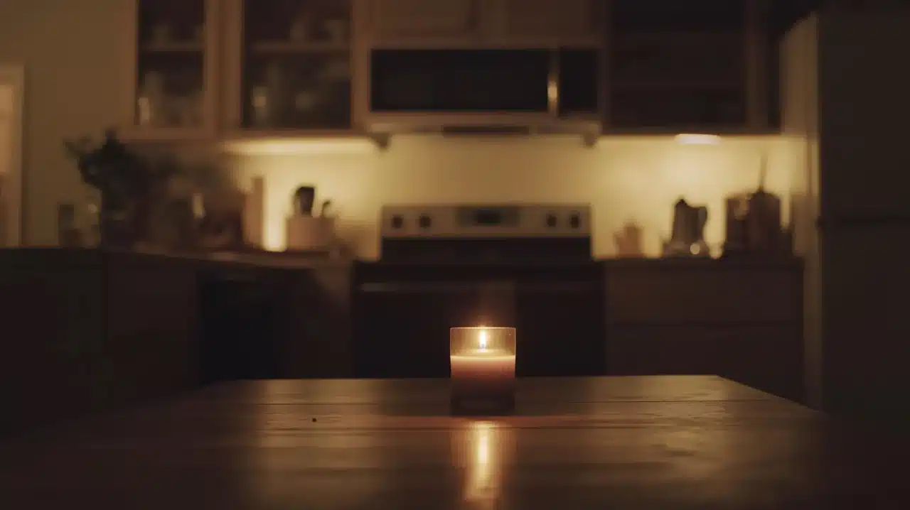 A candle illuminated a part of the house that has no power.