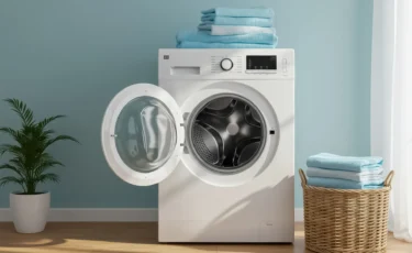 washing machine shaking blue wall background
